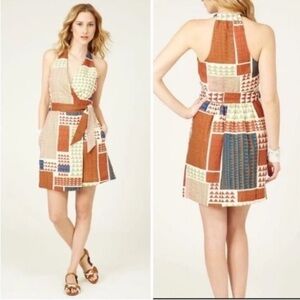 Calypso St Barth Geometric Print Linen Wrap Dress Halter Neck Size Large